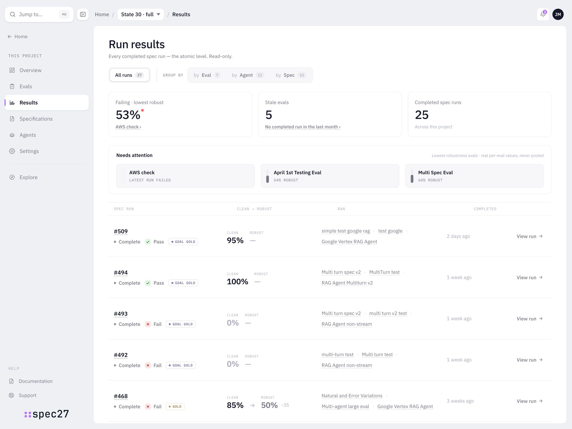 The consolidated Results page: spec runs grouped by eval, agent or spec