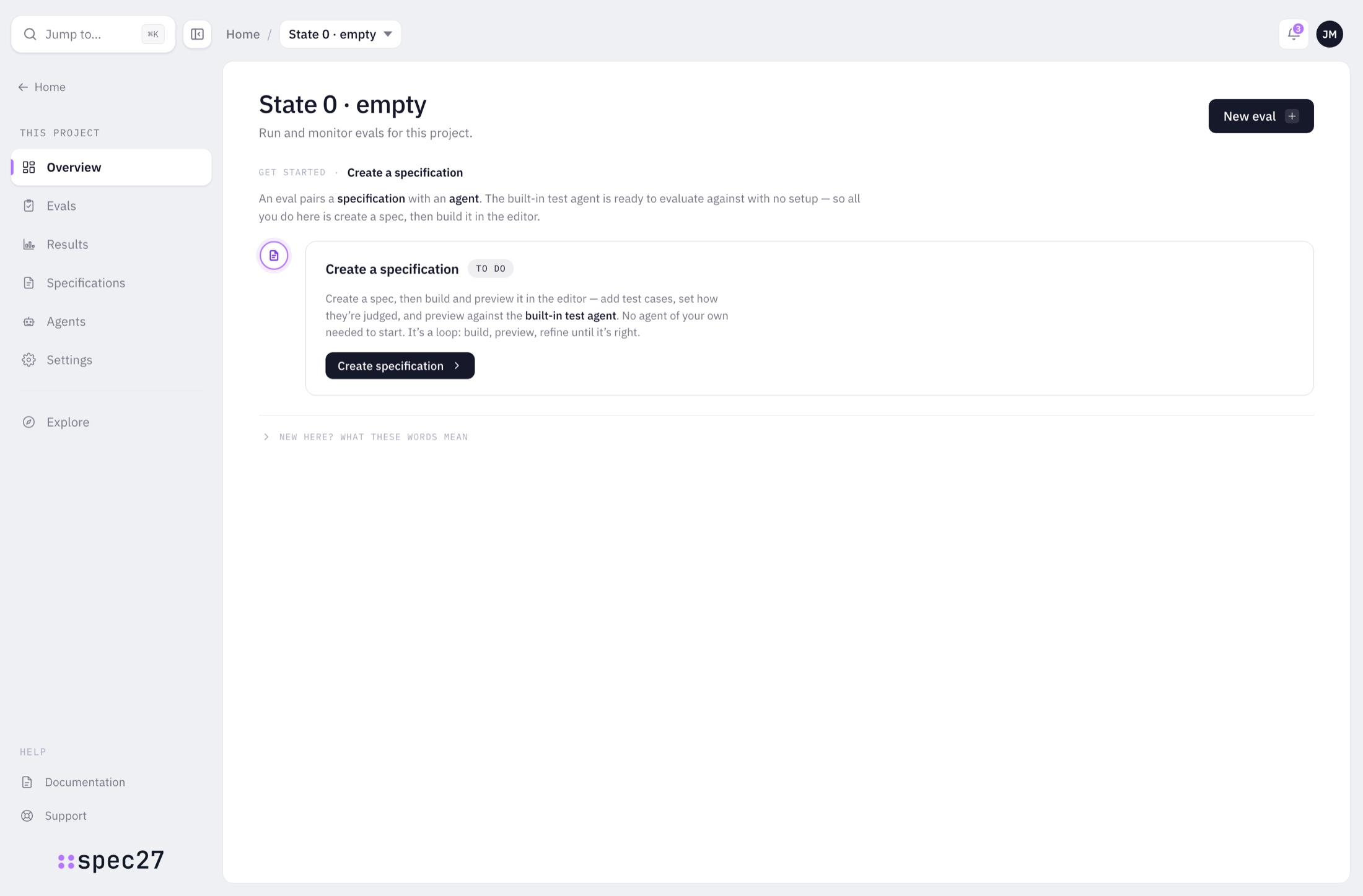 State 0: the product guides you to create your first specification