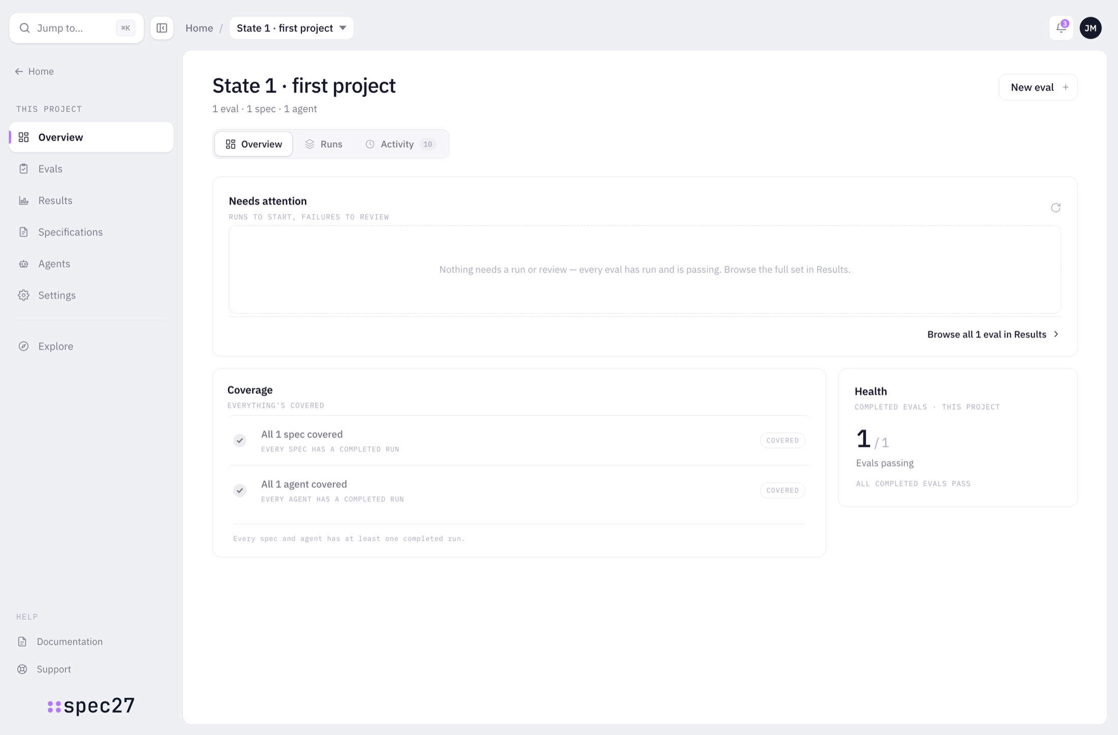 State 1: first project configured, everything covered