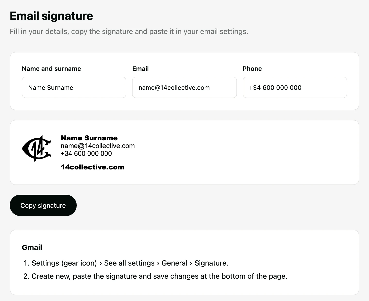 The signature page: name, email and phone fields, the signature preview and Copy signature